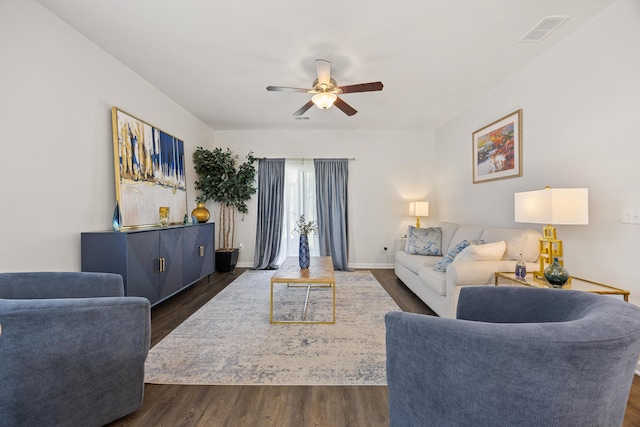 153 Wild Holly Dr, Moncks Corner, SC 29461 - living room with ceiling fan, dark wood-style flooring, and baseboards