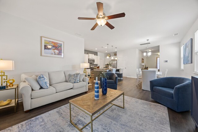 153 Wild Holly Dr, Moncks Corner, SC 29461 - living area featuring dark wood finished floors, a ceiling fan, recessed lighting, and baseboards