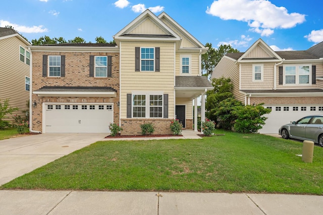 272 Overcup Loop, Summerville, SC 29486 - view of front facade with a garage, driveway, brick siding, a front yard, and board and batten siding