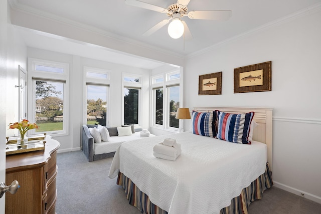 bedroom with carpet, multiple windows, ornamental molding, and baseboards