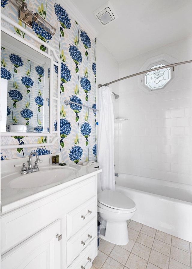 full bathroom with visible vents, toilet, shower / tub combo, vanity, and tile patterned flooring