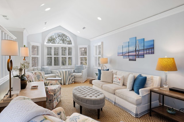 living room featuring lofted ceiling, visible vents, crown molding, and recessed lighting