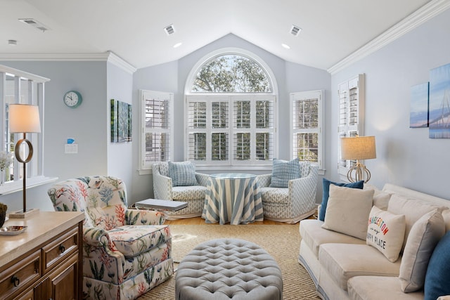 interior space featuring visible vents, vaulted ceiling, and ornamental molding