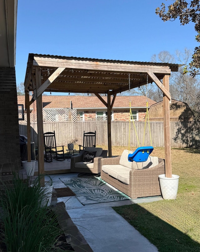 view of patio with a pergola and an outdoor hangout area