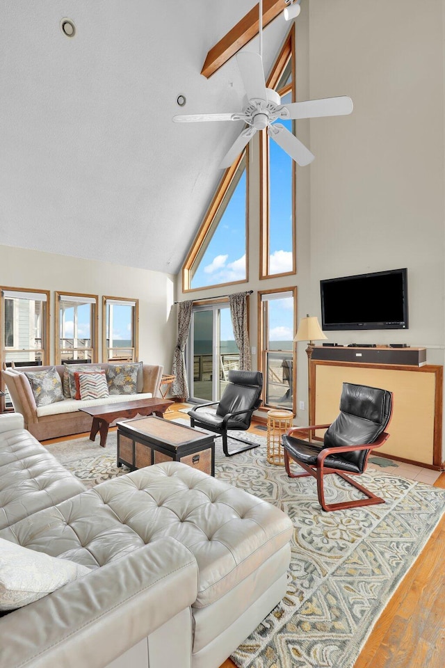 living area featuring high vaulted ceiling, a wealth of natural light, a ceiling fan, and wood finished floors