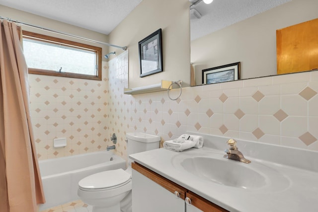 bathroom with tile walls, toilet, shower / tub combo, a textured ceiling, and vanity