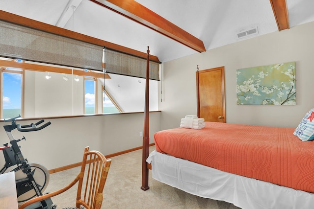 bedroom with lofted ceiling with beams, carpet floors, visible vents, and baseboards