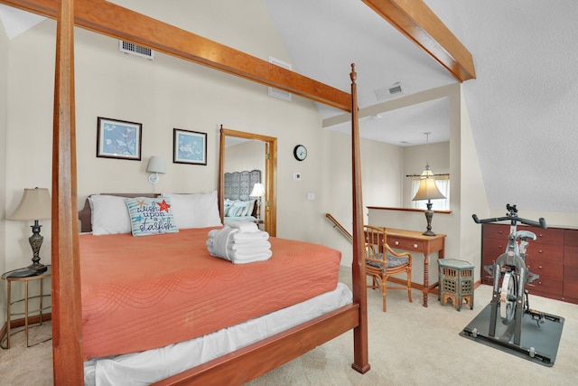 carpeted bedroom featuring visible vents and beamed ceiling