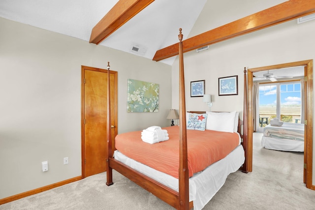 bedroom featuring light carpet, vaulted ceiling with beams, visible vents, and baseboards