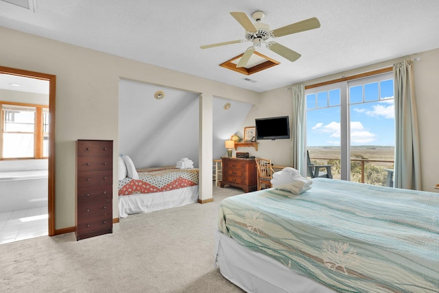 carpeted bedroom featuring multiple windows, ceiling fan, and visible vents