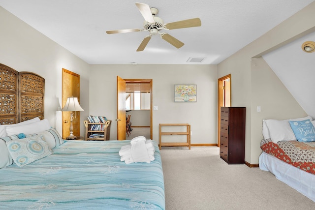 bedroom with baseboards, ceiling fan, visible vents, and light colored carpet