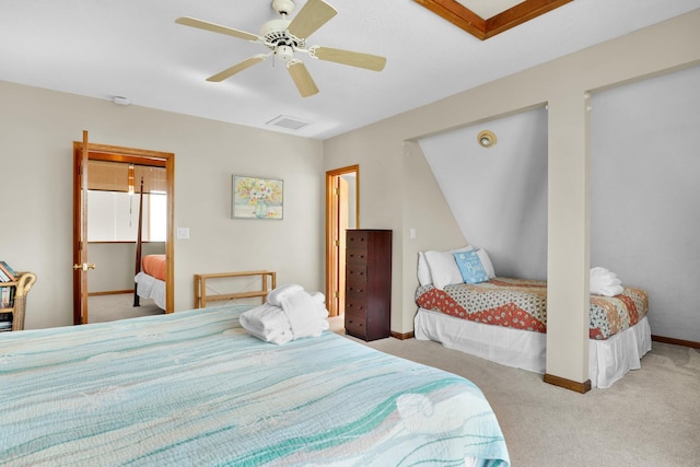 bedroom featuring a ceiling fan, carpet, visible vents, and baseboards