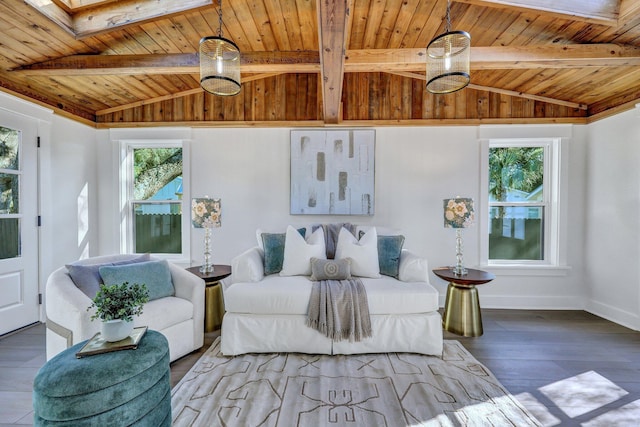 interior space featuring vaulted ceiling with skylight, wooden ceiling, and hardwood / wood-style flooring