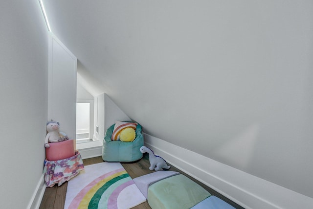 bathroom with vaulted ceiling and hardwood / wood-style flooring