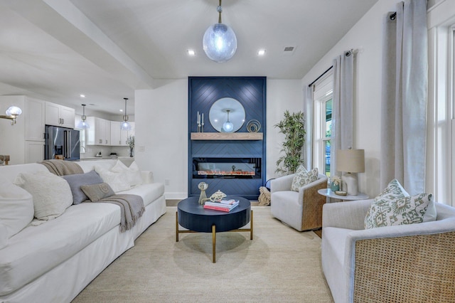 living room with a fireplace