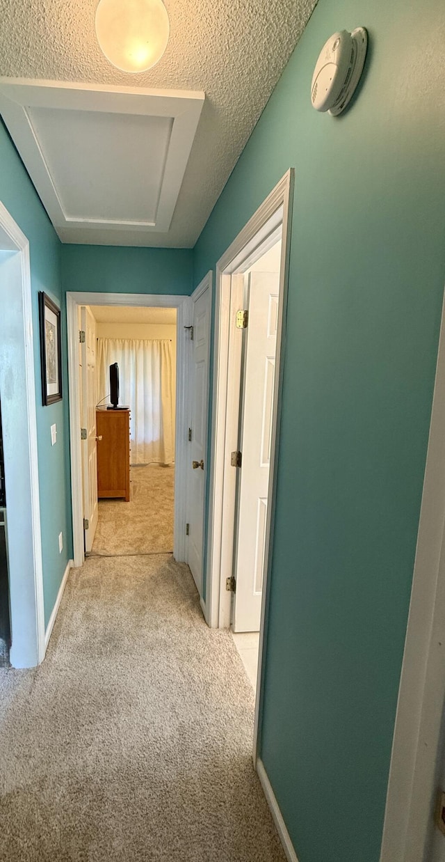3415 Pawtucket St, Charleston, SC 29414 - corridor with light carpet, attic access, a textured ceiling, and baseboards