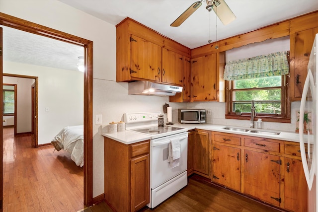1900 Morgan Ave, North Charleston, SC 29406 - kitchen featuring white appliances, under cabinet range hood, light countertops, ceiling fan, and dark wood-type flooring