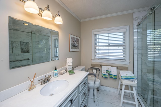 bathroom featuring crown molding, vanity, toilet, and walk in shower