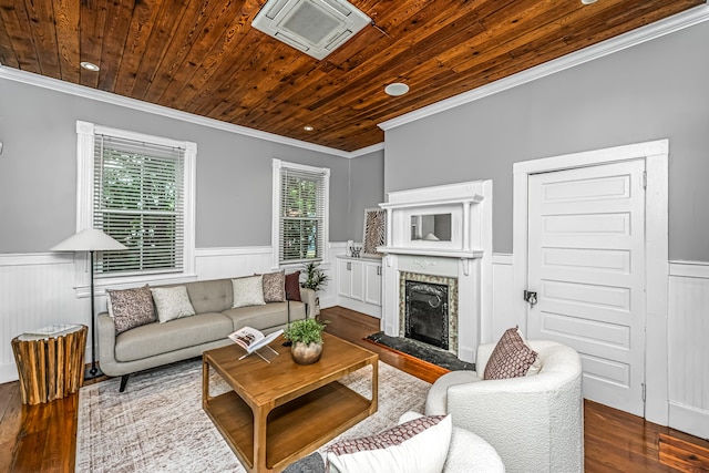 173 Fishburne St, Charleston, SC 29403 - living area featuring wainscoting, wood ceiling, ornamental molding, hardwood / wood-style flooring, and a premium fireplace