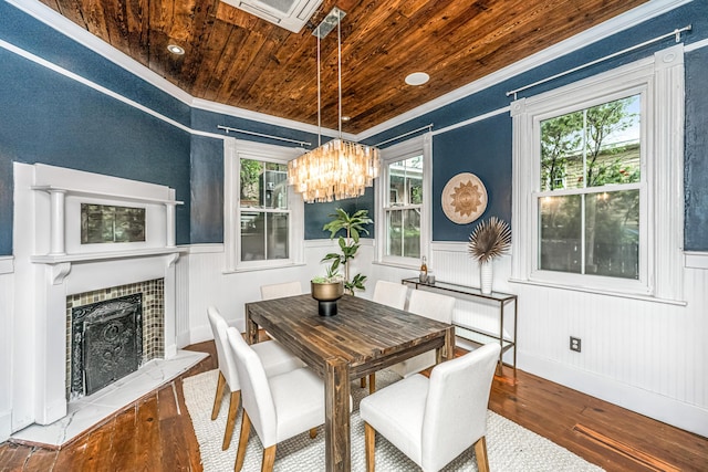173 Fishburne St, Charleston, SC 29403 - dining room with hardwood / wood-style floors, wood ceiling, ornamental molding, a chandelier, and a wainscoted wall
