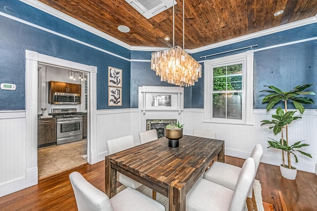 173 Fishburne St, Charleston, SC 29403 - dining area featuring wainscoting, ornamental molding, wooden ceiling, wood finished floors, and a chandelier