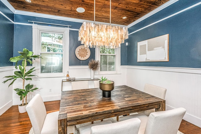 173 Fishburne St, Charleston, SC 29403 - dining room with wood ceiling, wood finished floors, wainscoting, a chandelier, and crown molding