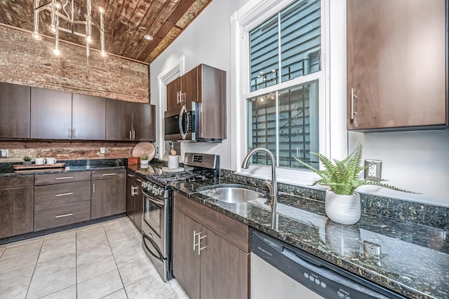 173 Fishburne St, Charleston, SC 29403 - kitchen featuring appliances with stainless steel finishes, a sink, dark stone countertops, wood ceiling, and dark brown cabinets