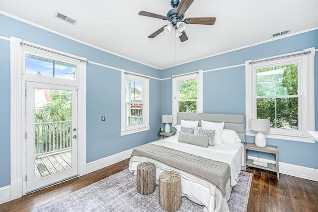 173 Fishburne St, Charleston, SC 29403 - bedroom featuring access to outside, hardwood / wood-style flooring, baseboards, ceiling fan, and crown molding