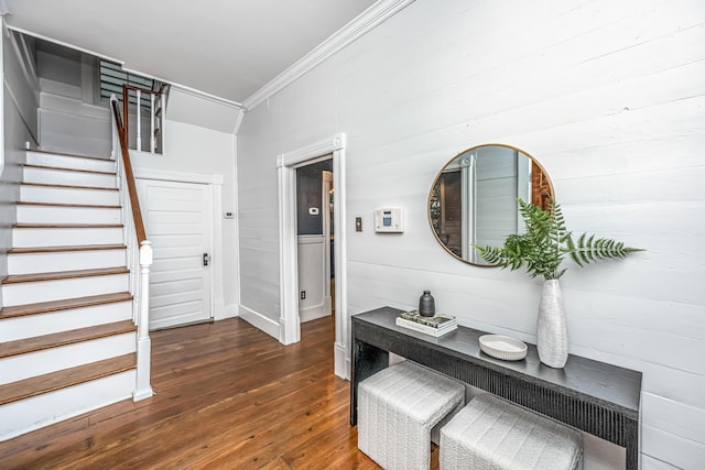173 Fishburne St, Charleston, SC 29403 - foyer entrance featuring wood-type flooring, crown molding, stairway, and wooden walls