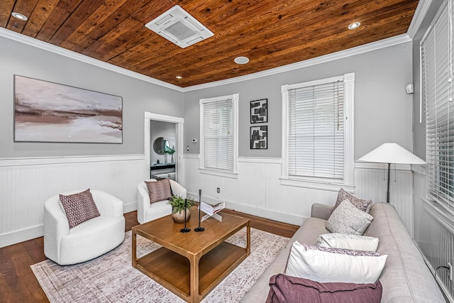173 Fishburne St, Charleston, SC 29403 - living room featuring wooden ceiling, hardwood / wood-style floors, wainscoting, crown molding, and recessed lighting