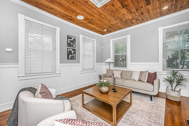 173 Fishburne St, Charleston, SC 29403 - living room with a wainscoted wall, wood finished floors, wood ceiling, and crown molding