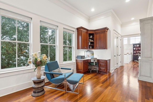 interior space featuring ornamental molding, built in desk, and dark hardwood / wood-style flooring