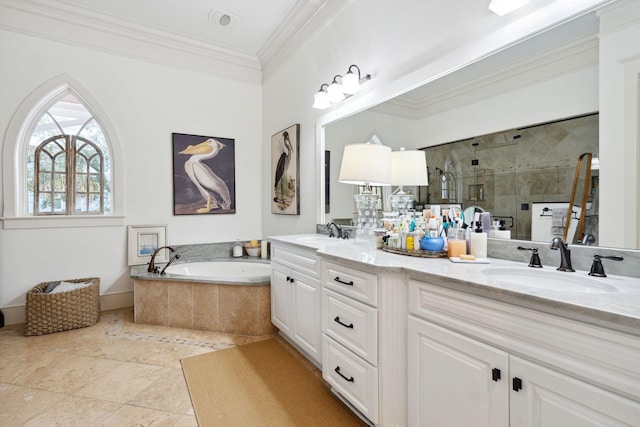 bathroom with ornamental molding, shower with separate bathtub, and vanity