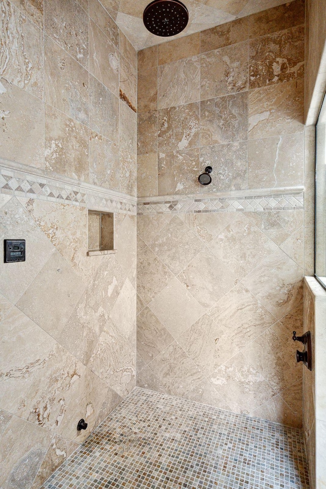 interior details featuring a tile shower