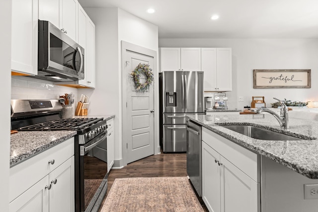 404 Omaha Dr, Moncks Corner, SC 29461 - kitchen featuring appliances with stainless steel finishes, a sink, dark wood finished floors, recessed lighting, and light stone counters