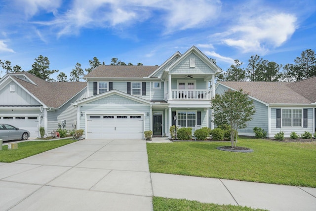 419 Whispering Breeze Ln, Summerville, SC 29486 - view of front of property with a garage, ceiling fan, a front yard, concrete driveway, and a balcony