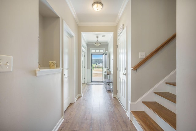 419 Whispering Breeze Ln, Summerville, SC 29486 - foyer entrance with baseboards, ornamental molding, light wood finished floors, and stairway