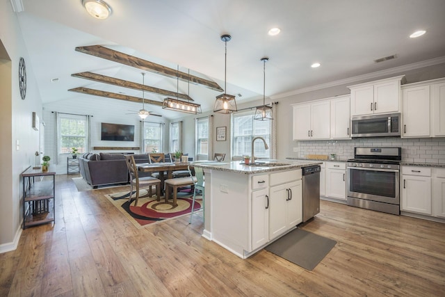 419 Whispering Breeze Ln, Summerville, SC 29486 - kitchen featuring appliances with stainless steel finishes, a sink, light wood finished floors, open floor plan, and visible vents
