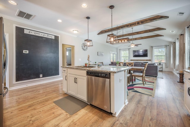 419 Whispering Breeze Ln, Summerville, SC 29486 - kitchen featuring stainless steel dishwasher, visible vents, open floor plan, white cabinets, and a sink