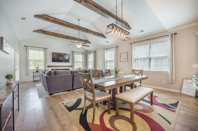 419 Whispering Breeze Ln, Summerville, SC 29486 - dining room with ceiling fan, visible vents, lofted ceiling with beams, and light wood-type flooring
