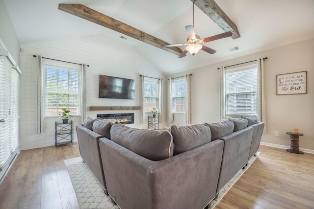419 Whispering Breeze Ln, Summerville, SC 29486 - living area featuring plenty of natural light, a ceiling fan, visible vents, a glass covered fireplace, and light wood-style floors