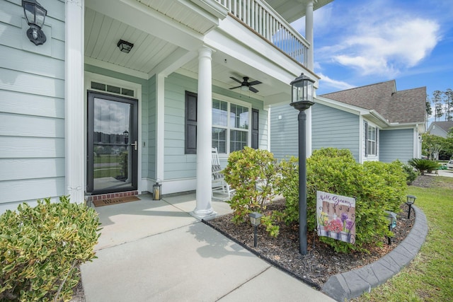 419 Whispering Breeze Ln, Summerville, SC 29486 - view of exterior entry with a porch, a shingled roof, and ceiling fan