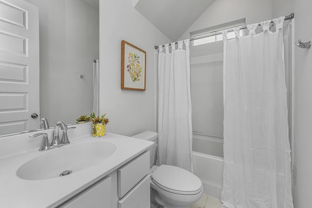 full bathroom featuring toilet, shower / bath combo with shower curtain, lofted ceiling, tile patterned floors, and vanity