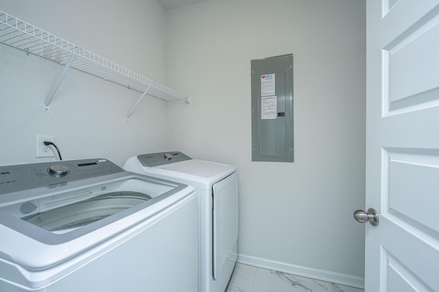 laundry area with electric panel and washing machine and dryer