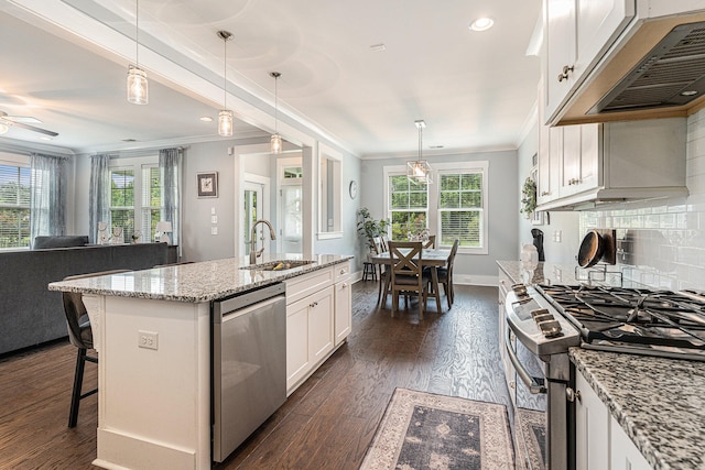 kitchen with appliances with stainless steel finishes, dark hardwood / wood-style flooring, sink, an island with sink, and white cabinets