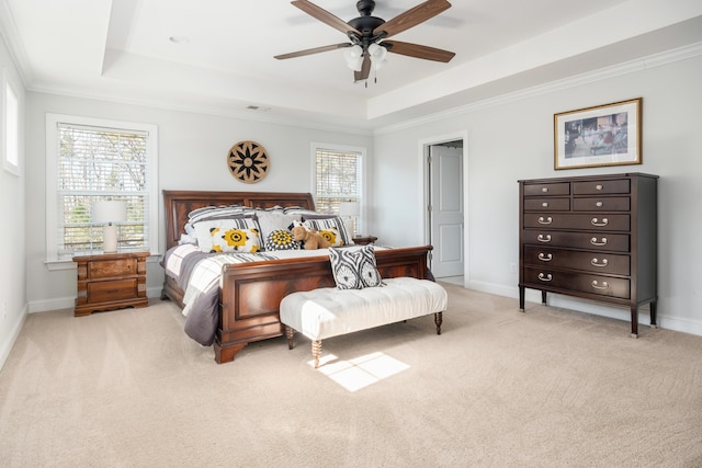 bedroom with multiple windows, a raised ceiling, and carpet