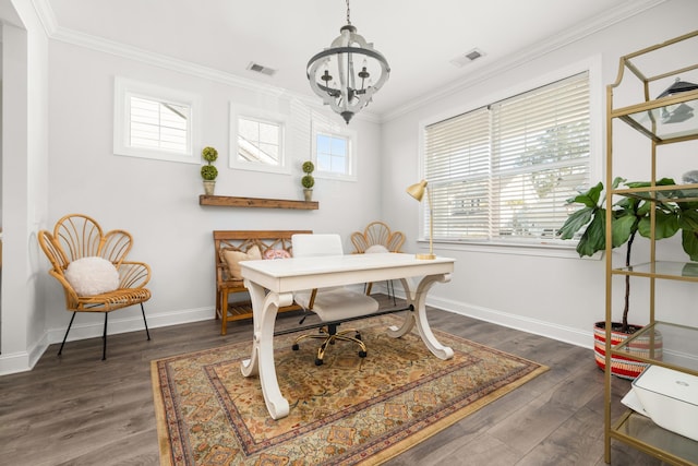 office space with visible vents, dark wood-style floors, a chandelier, and crown molding