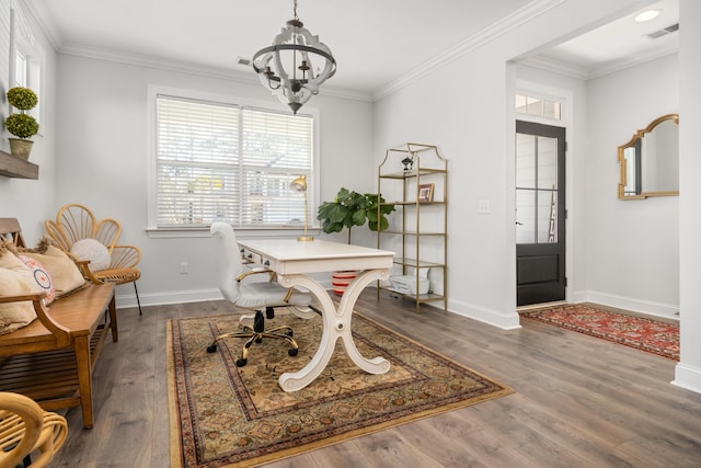 home office with visible vents, dark wood-style floors, crown molding, baseboards, and a chandelier