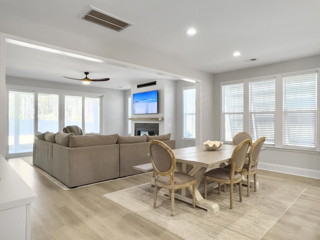 dining area featuring light hardwood / wood-style floors and ceiling fan