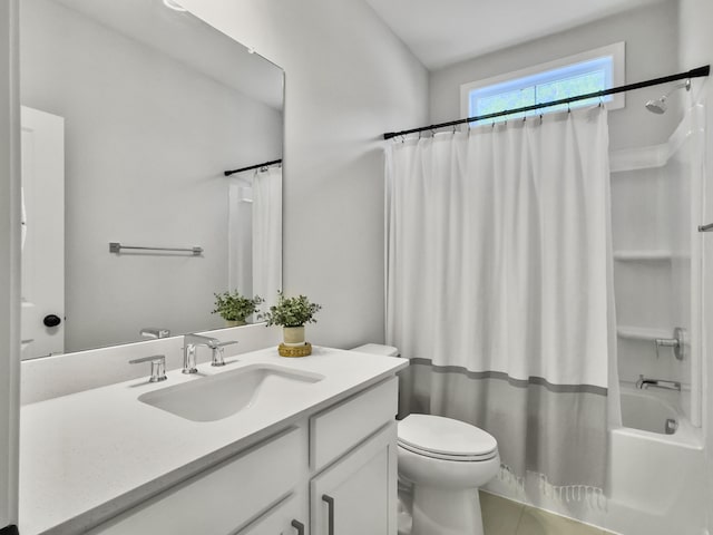 full bathroom featuring vanity, shower / bathtub combination with curtain, and toilet